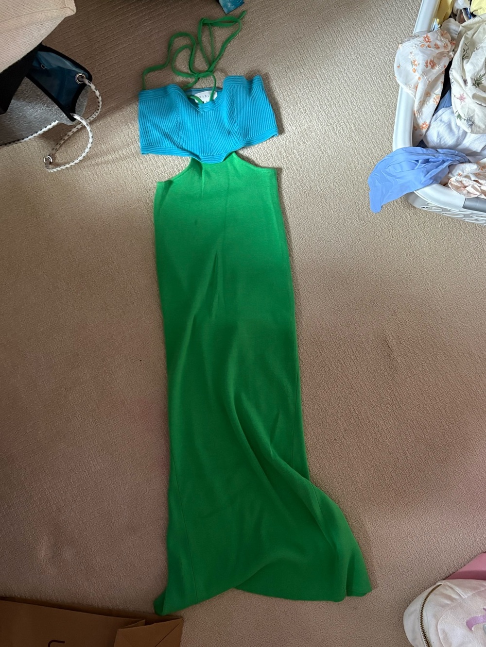 Green Knit Maxi Dress with Blue Top